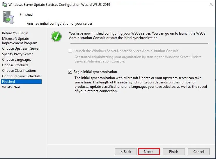 Begin WSUS Initial synchronization