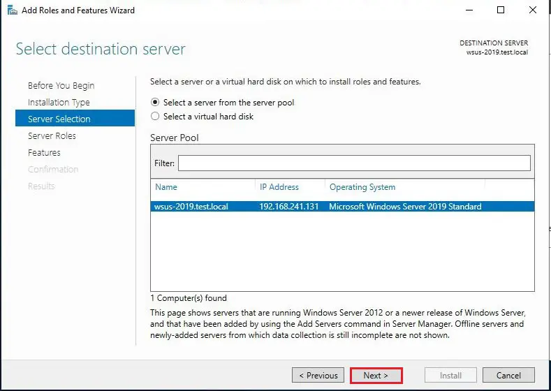 Select the server to install WSUS