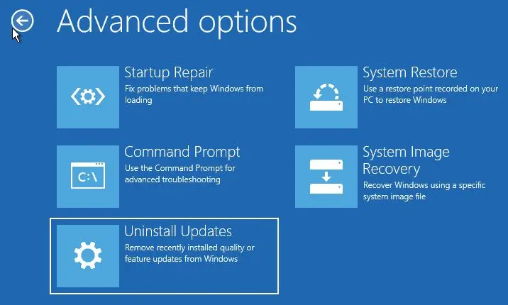 advanced options uninstall updates