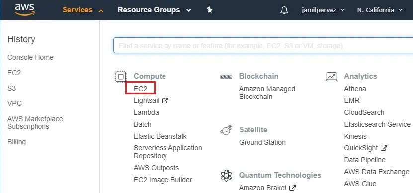 aws services tab