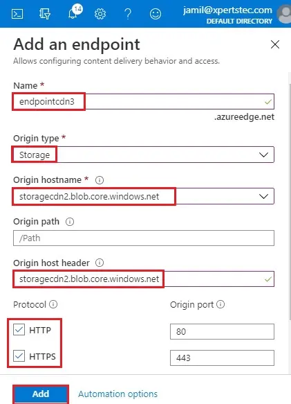 azure add an endpoint