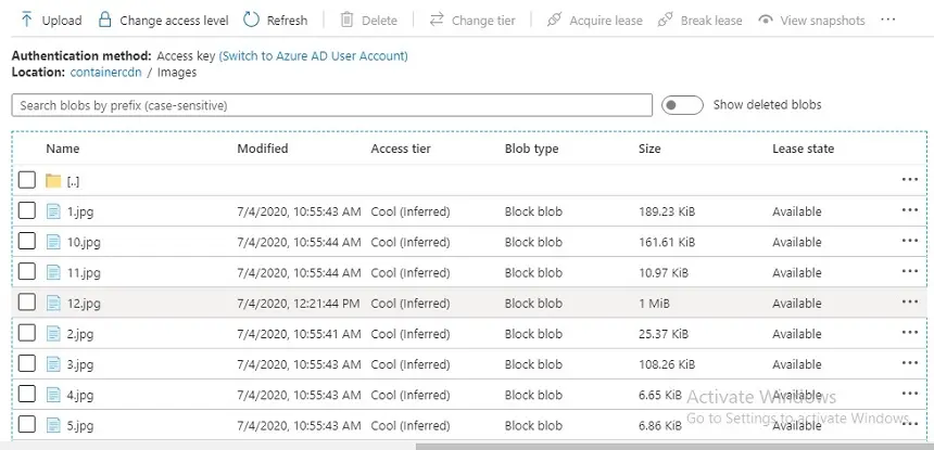 azure container uploaded blob