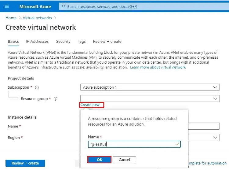 azure create virtual network