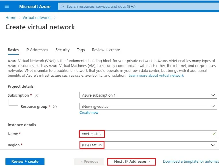 azure create virtual network basic