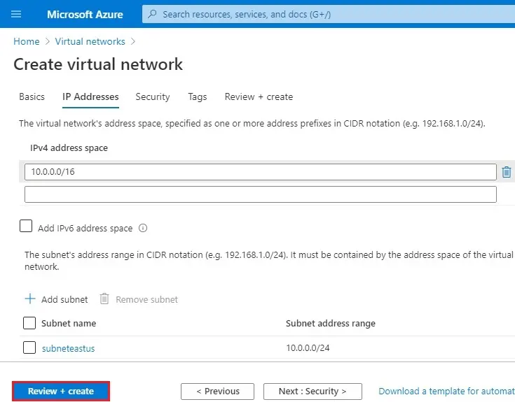 azure create virtual network ip address