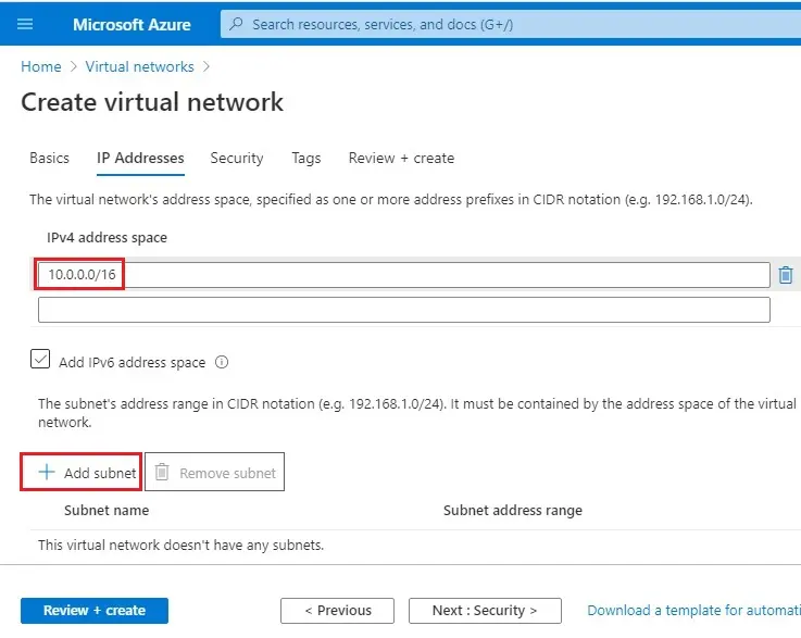 azure create virtual network ip address