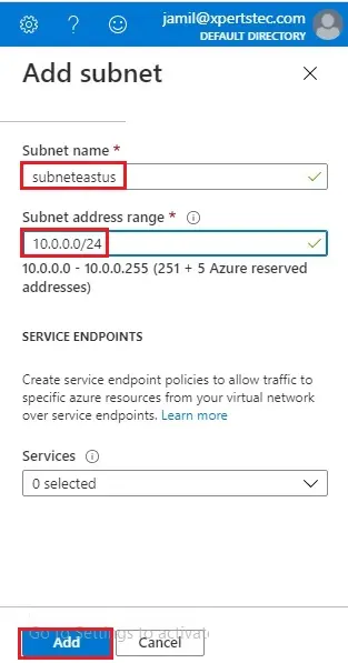 azure vnet add subnet