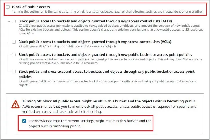 bucket settings for block access