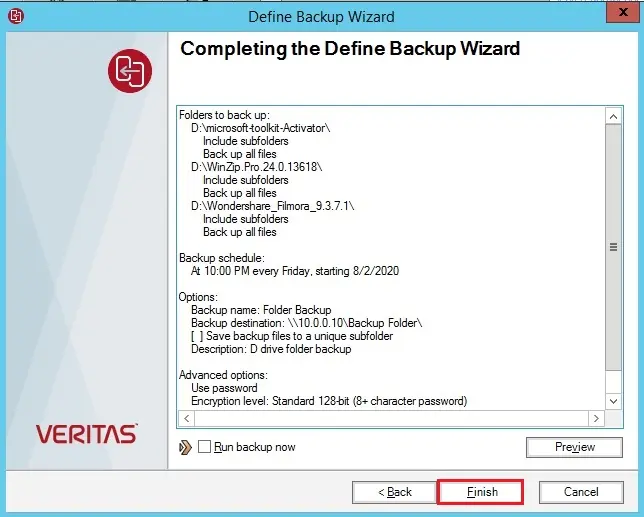 completing the define backup wizard