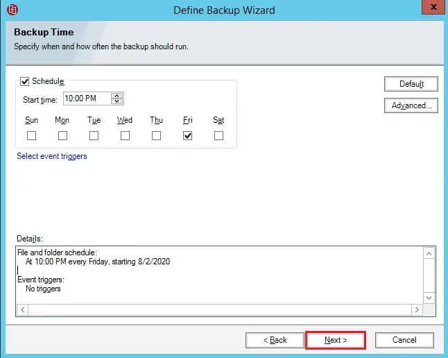 define backup wizard backup times