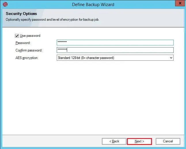 define backup wizard security options