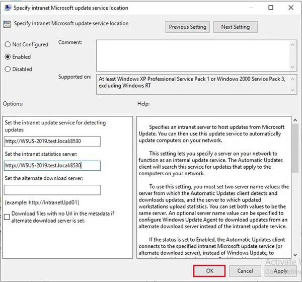 intranet microsoft update services location