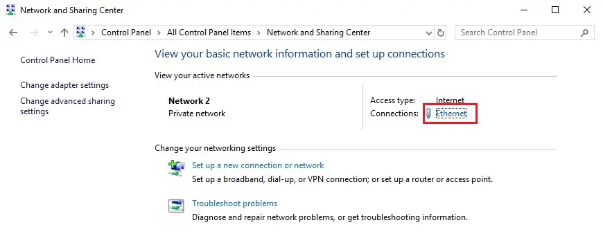 network and sharing center