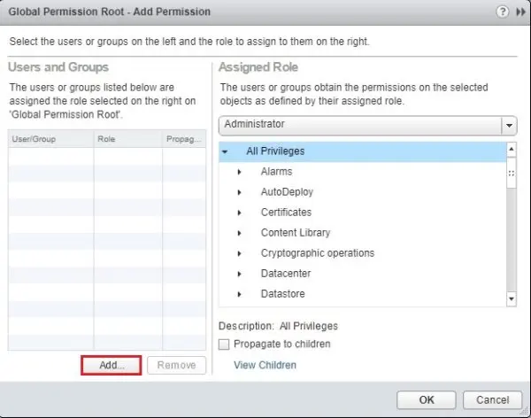 vmware vsphere global permission root