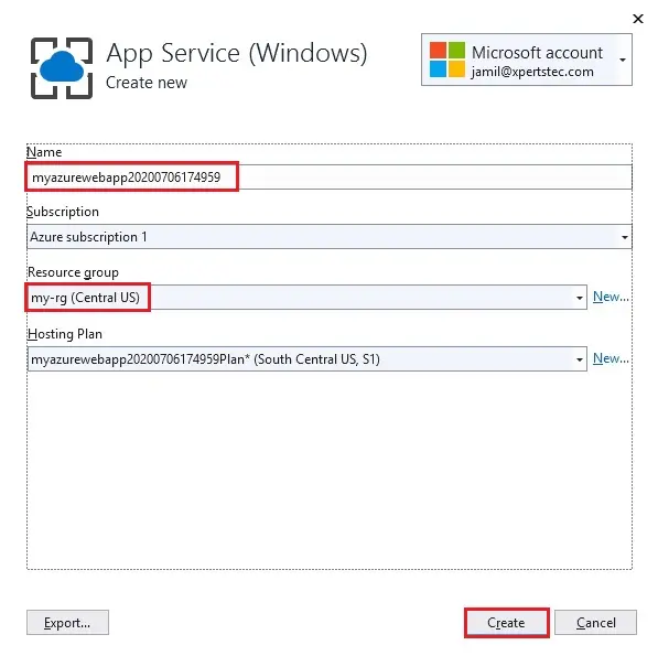 app service (windows) create new