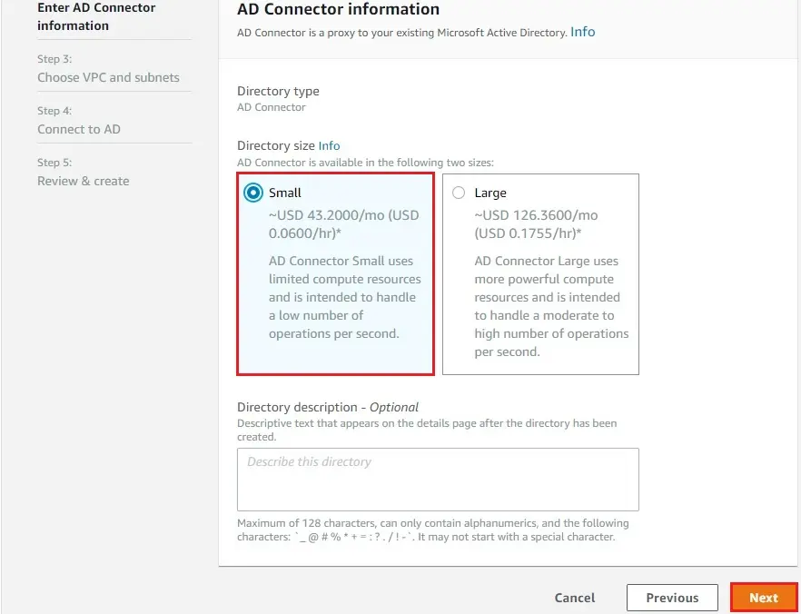 aws enter ad connector information