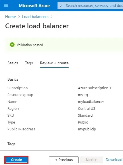 azure create load balancer validation