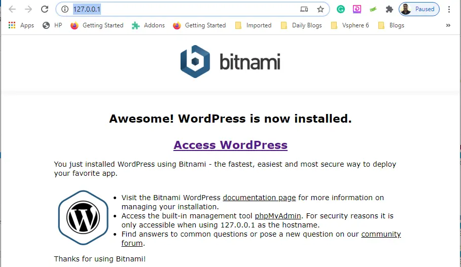 bitnami wordpress in now installed