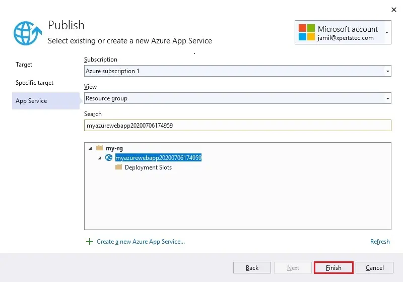 create a new azure app service