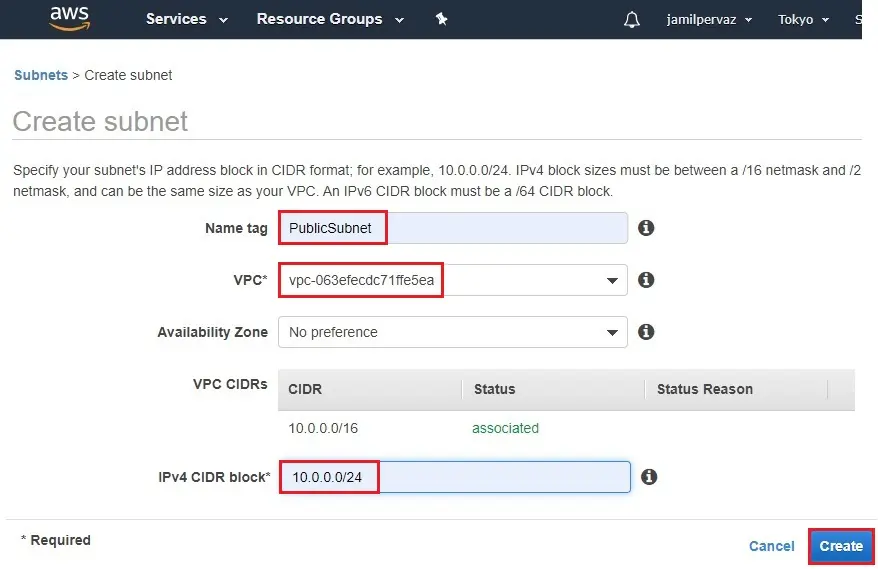 create subnet aws