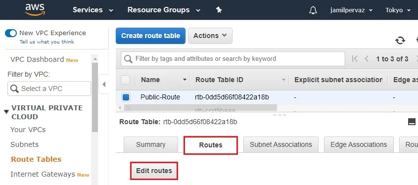 edit routes aws