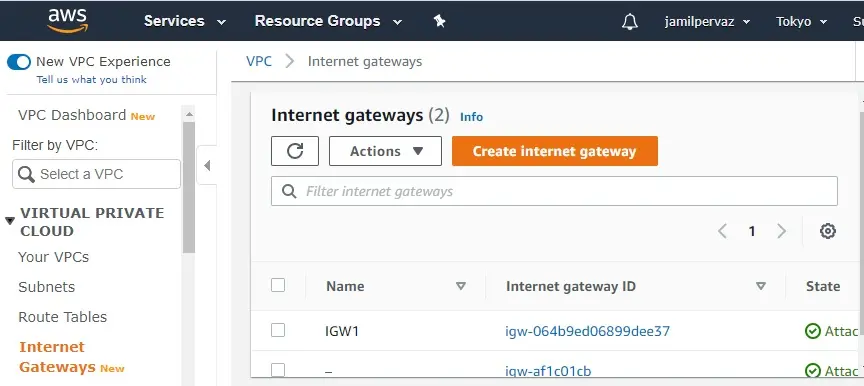 internet gateway status attached