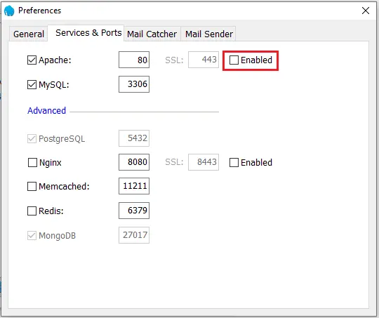 laragon preferences services & ports