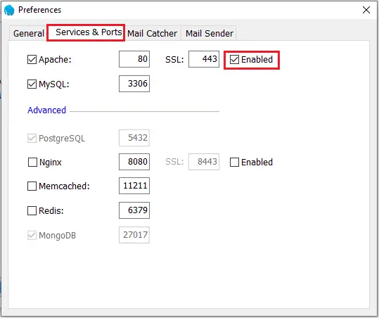 laragon preferences services & ports