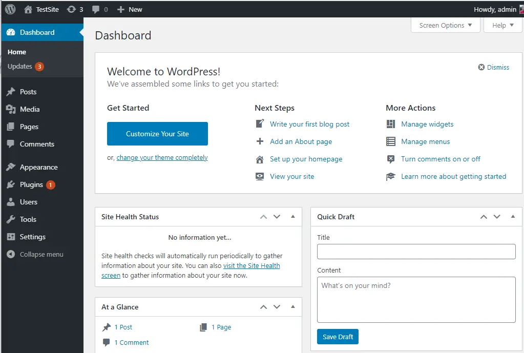 localhost wordpress dashboard