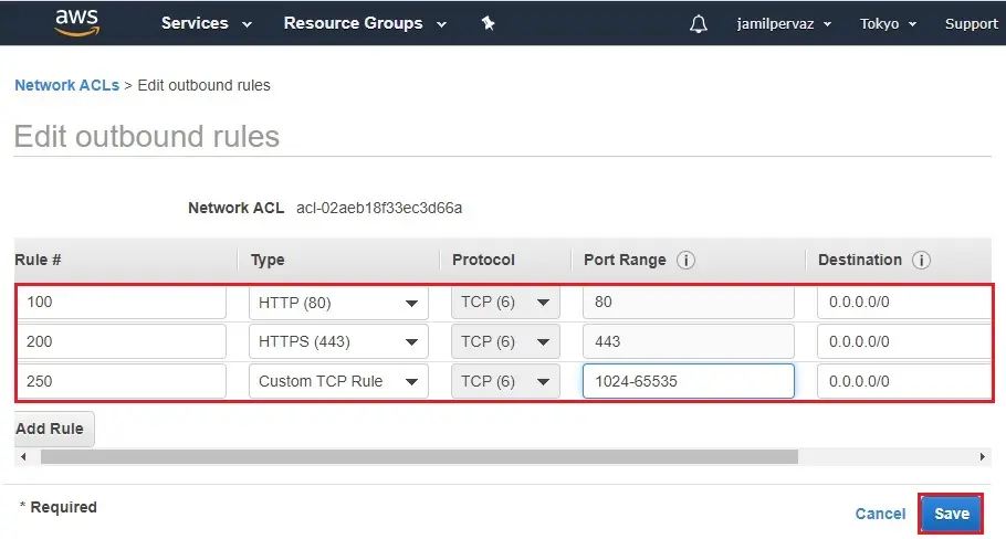 network acl edit outbound rule save