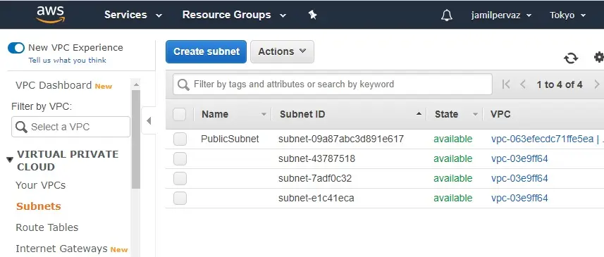 subnet amazon management console