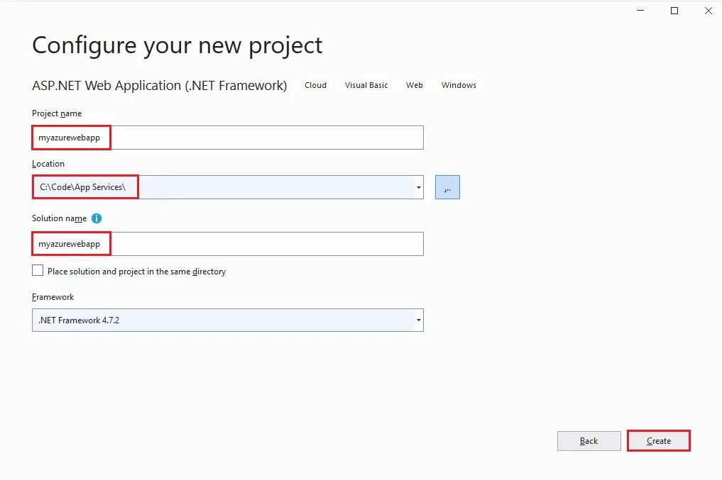 visual studio configure new project