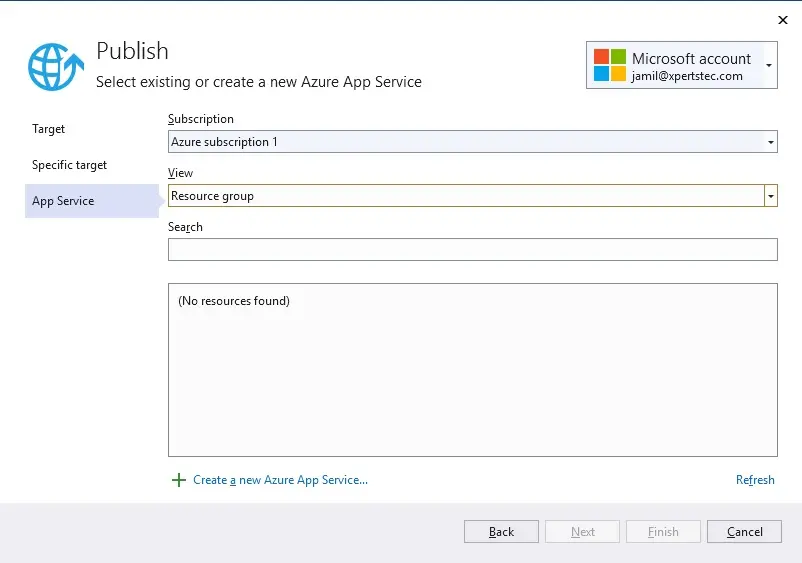 visual studio publish app service azure