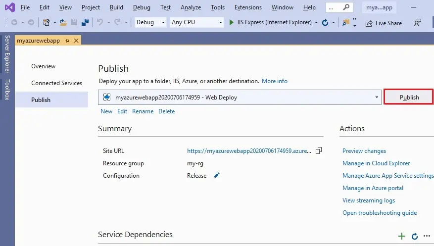 visual studio publish app service