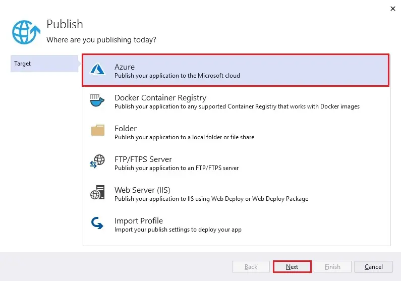 visual studio publish target azure