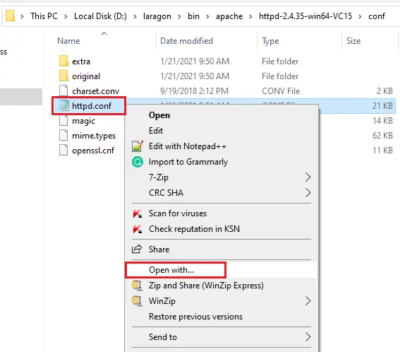 windows explorer laragon httpd.conf