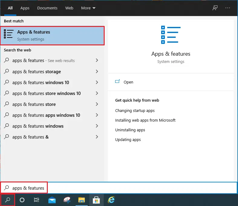 windows search apps & features