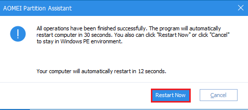 AOMEI partition assistant restart now