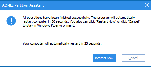 AOMEI partition assistant restart now