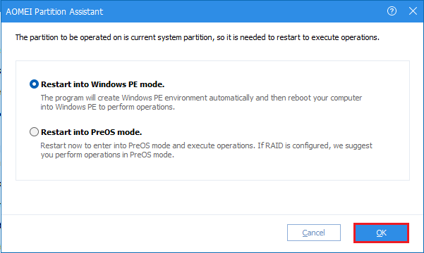 AOMEI restart Windows PC mode