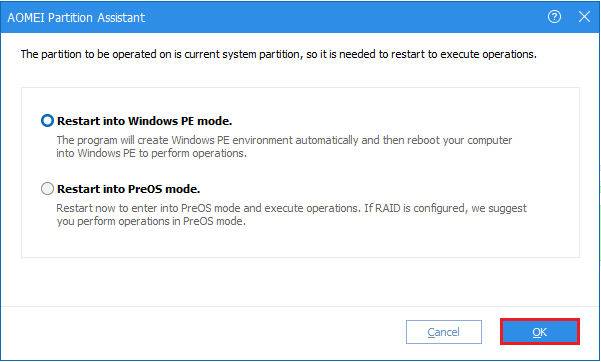 AOMEI restart Windows PE mode