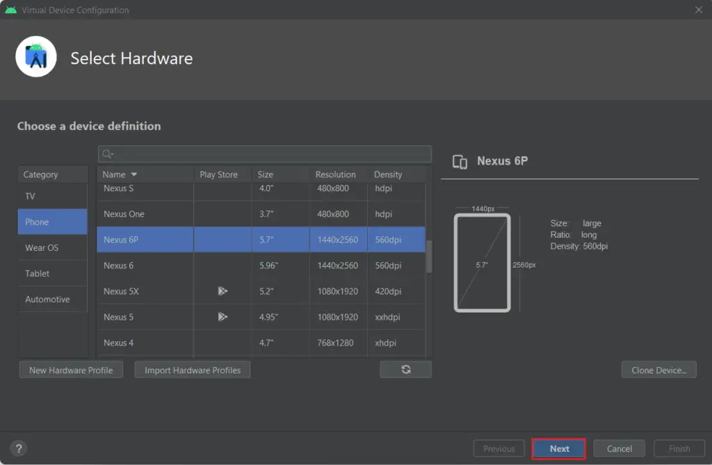 Android studio select hardware