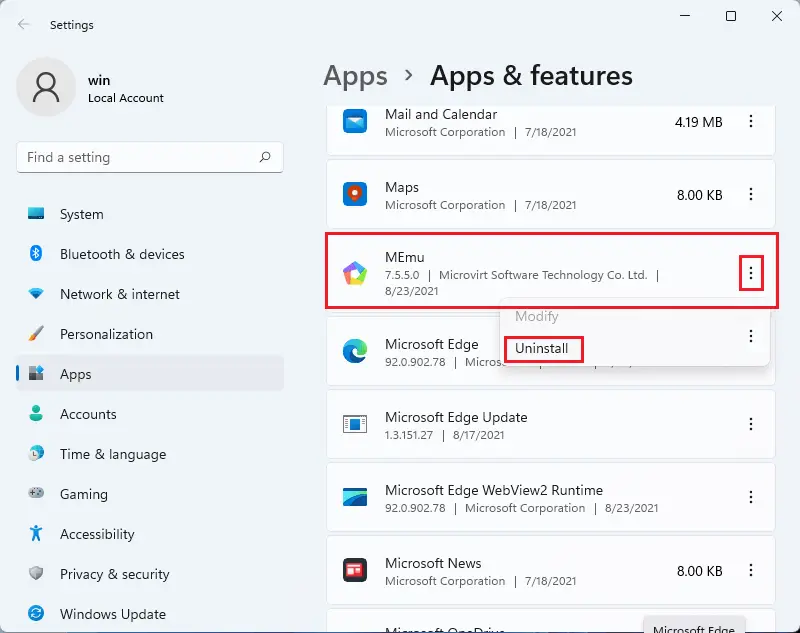 App and features windows