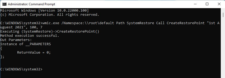 Command prompt create restore point