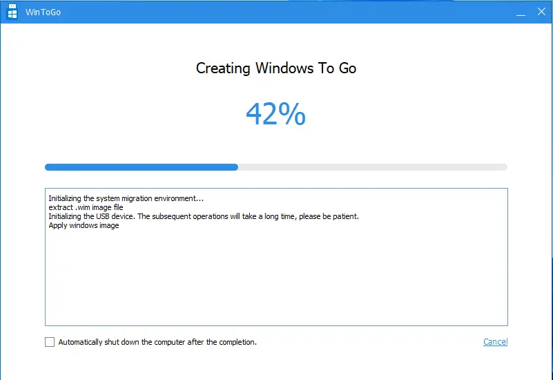 Creating Windows to go progress