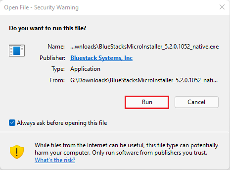 Open file security warning bluestacks