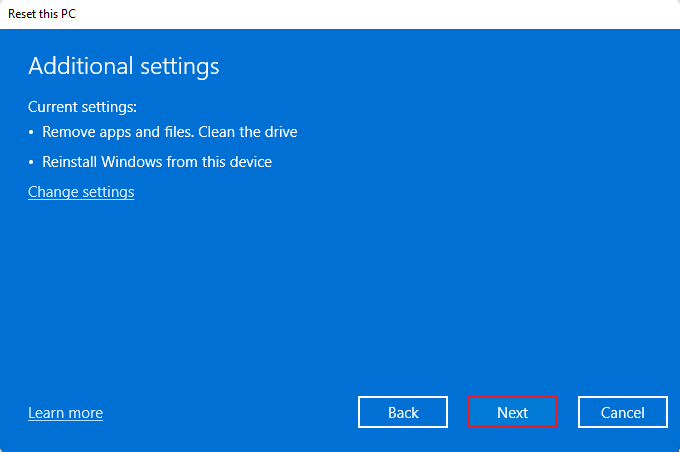 Reset this pc additional settings