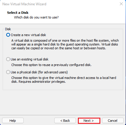 Select a disk virtual machine