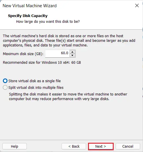 Specify disk capacity virtual machine