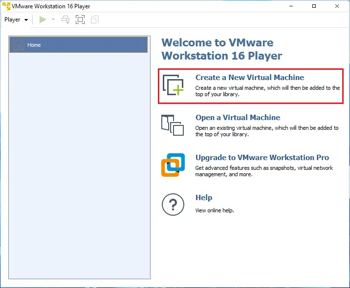 VMware Player 16 Home Screen